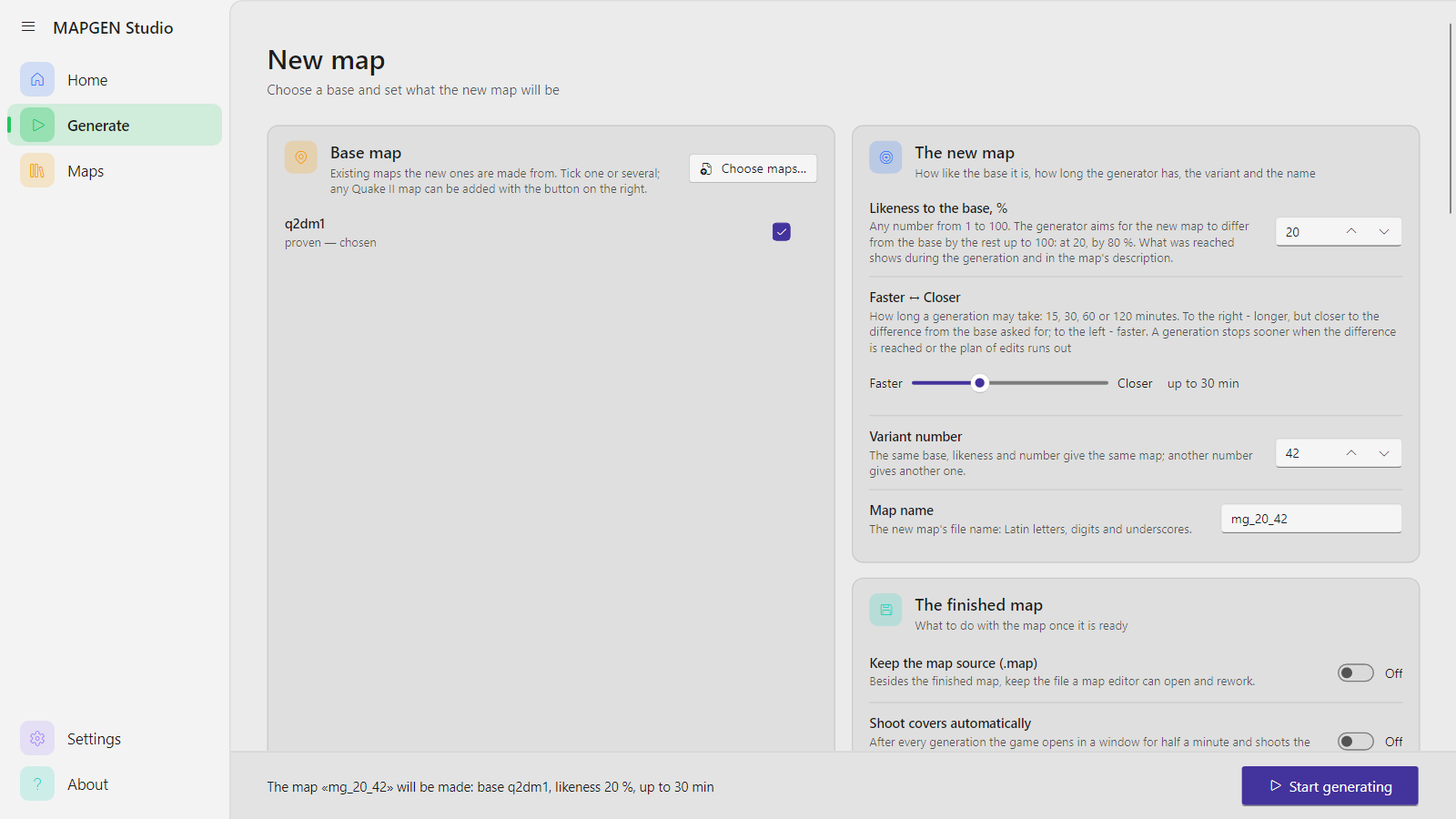 Base map, resemblance, variant number and generation time — in one window.