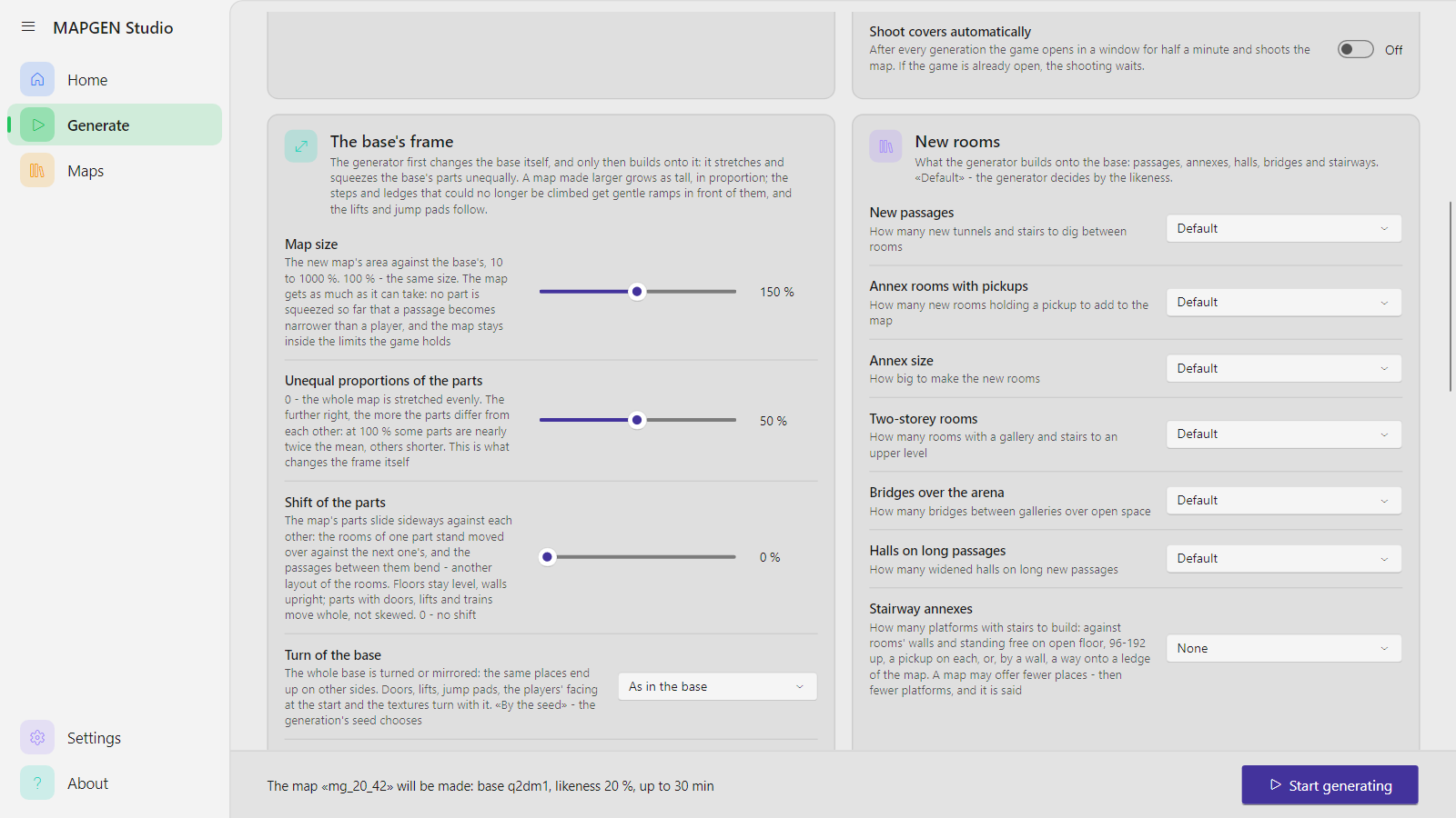 Grouped controls for the framework, new rooms, changes, liquids and destruction.