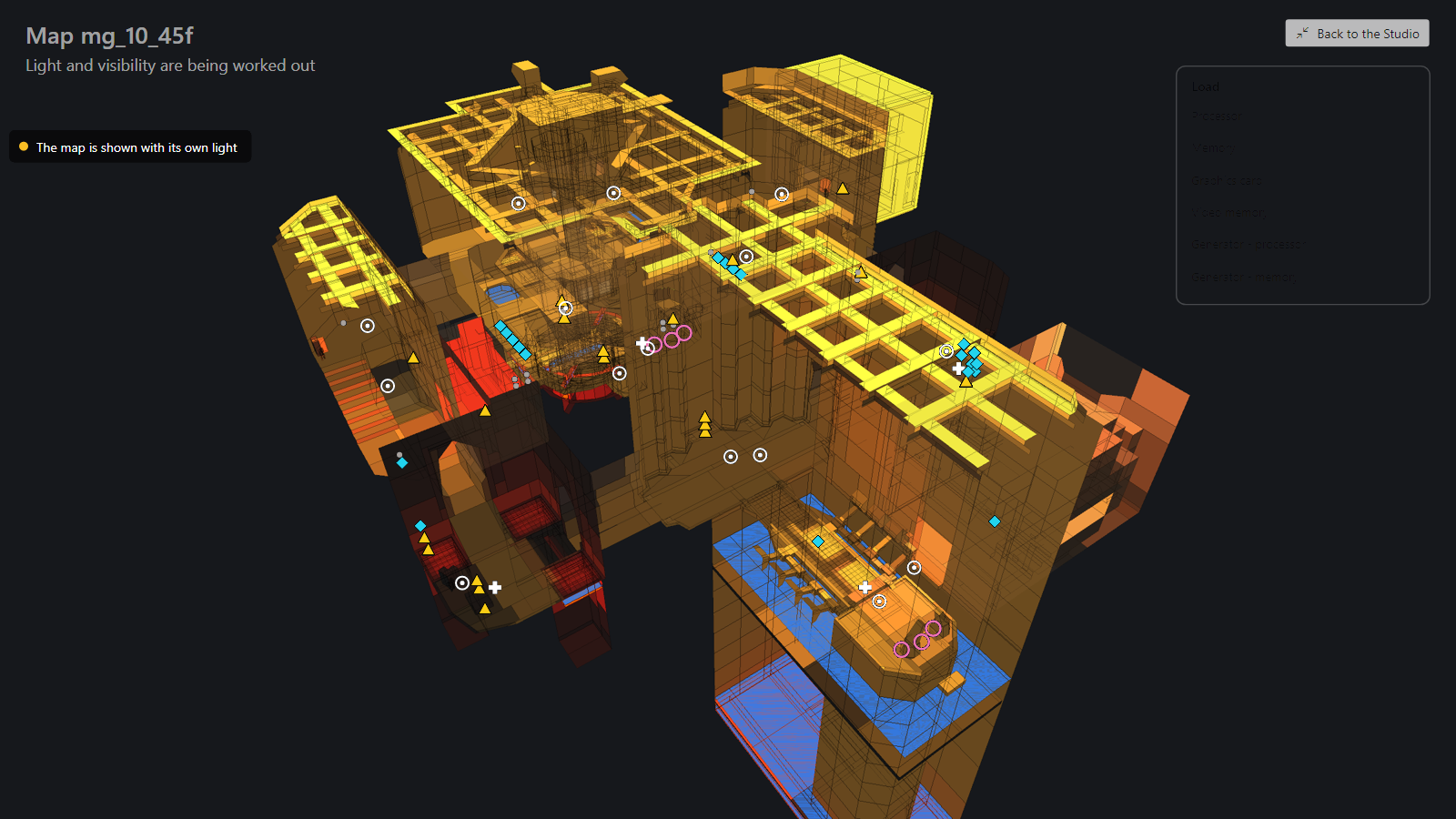 The generation view shows the map in 3D, with its lighting and item positions.
