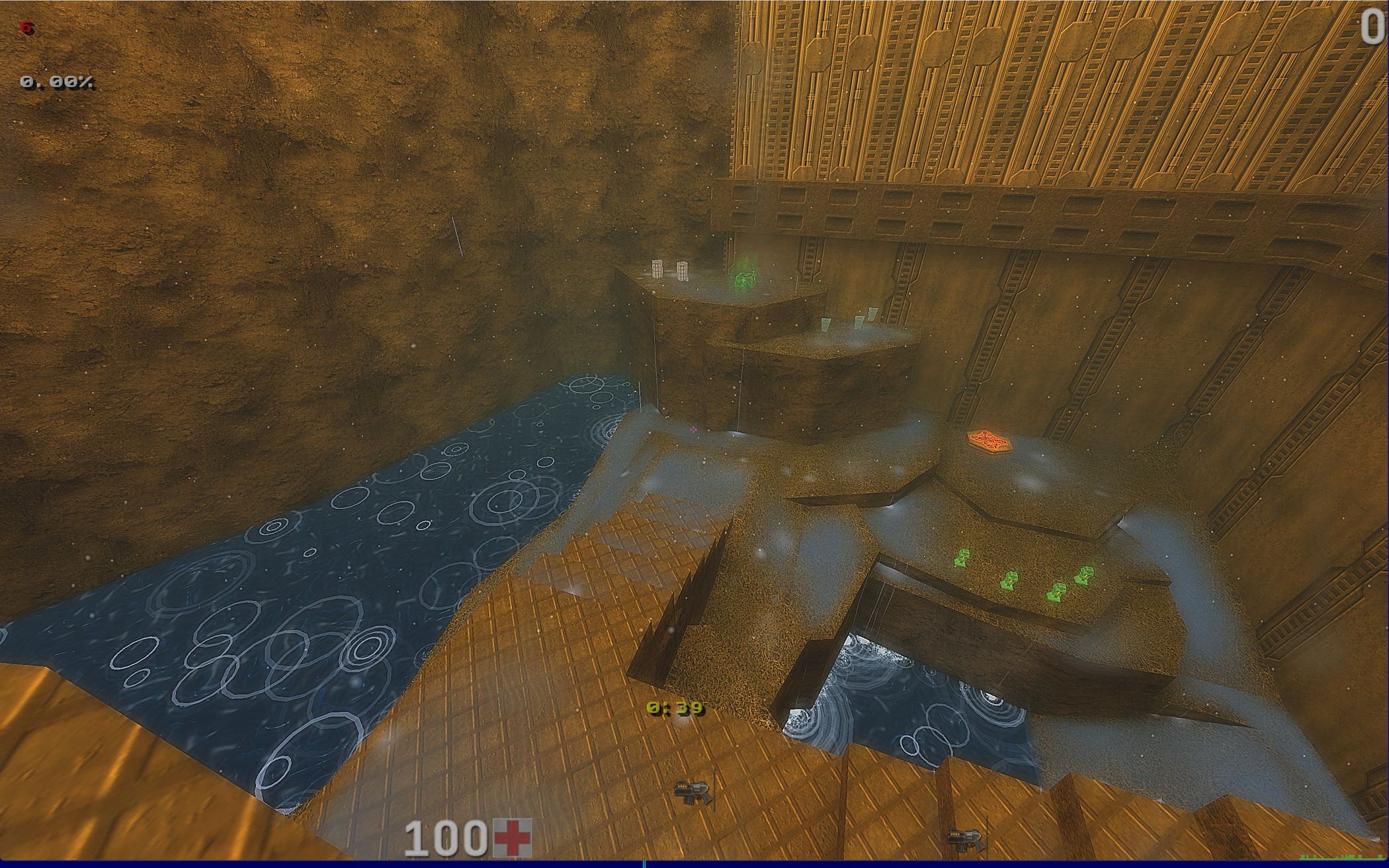 Дождь и мокрые поверхности на карте Quake II. Иллюстрация из позднего руководства показывает развитие системы, начатой в Q2PRO-X 1.3.